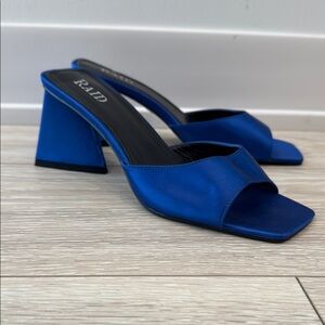Blue Satin Block Heel Mules with Square Toe